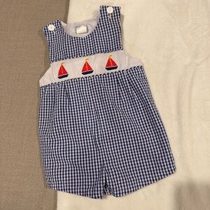 Blue Gingham Baby Romper with Sailboat Embroidery